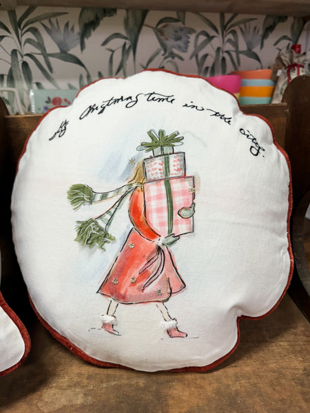 16" Round Printed Cotton Pillow w/ Piping & Velvet Back