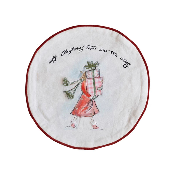 16" Round Printed Cotton Pillow w/ Piping & Velvet Back