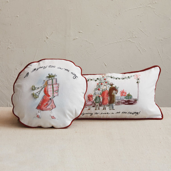 16" Round Printed Cotton Pillow w/ Piping & Velvet Back