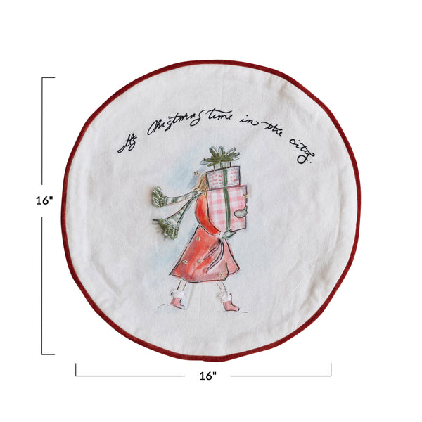 16" Round Printed Cotton Pillow w/ Piping & Velvet Back