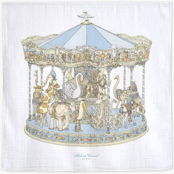 Blue Carousel Organic Cotton Swaddle & Bib with Gift Box Set
