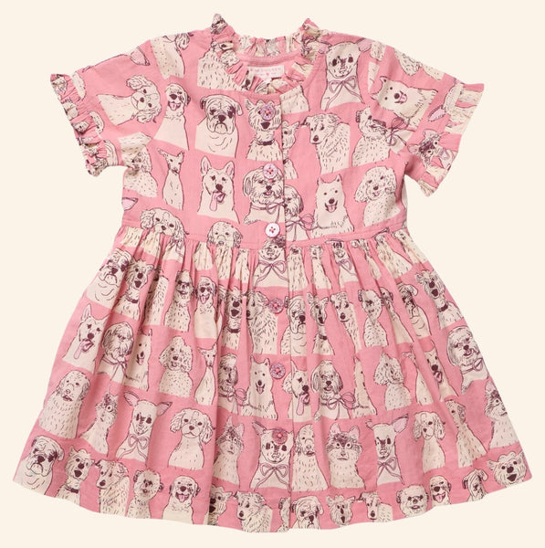 Girls Autumn Dress - Pink Sketched Dogs
