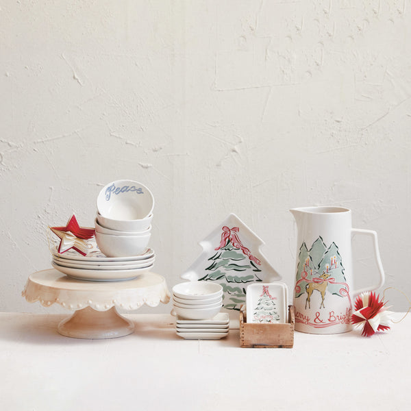 Stoneware Tree Shaped Plate w/ Christmas Tree, Multi Color