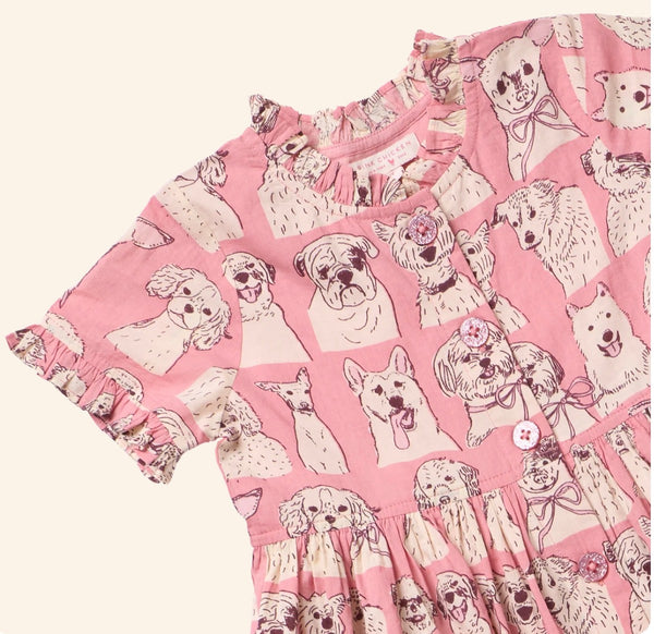 Girls Autumn Dress - Pink Sketched Dogs
