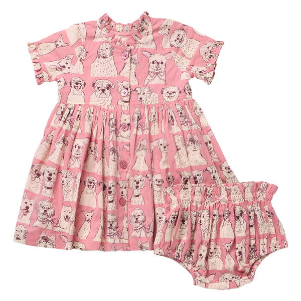 Baby Girls Autumn Dress Set - Pink Sketched Dogs