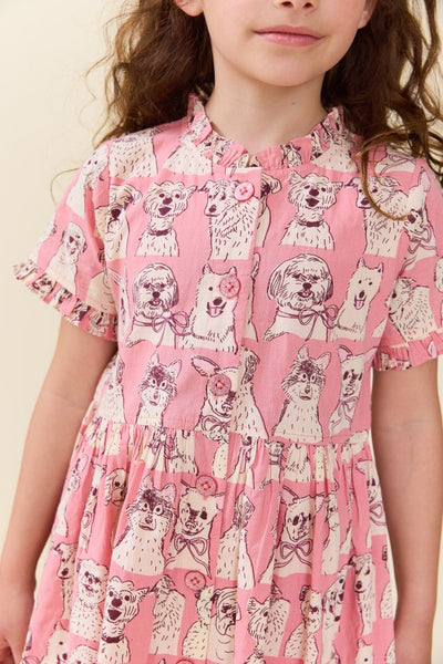 Girls Autumn Dress - Pink Sketched Dogs