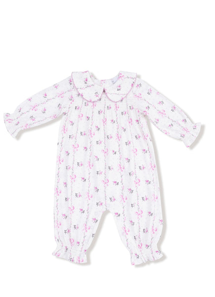 Dainty Buds And Bows Stripe - Smocked L/s Romper W/ Peter Pan Collar