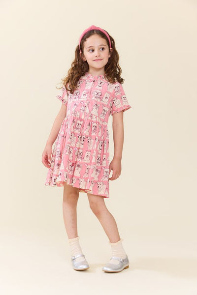 Girls Autumn Dress - Pink Sketched Dogs
