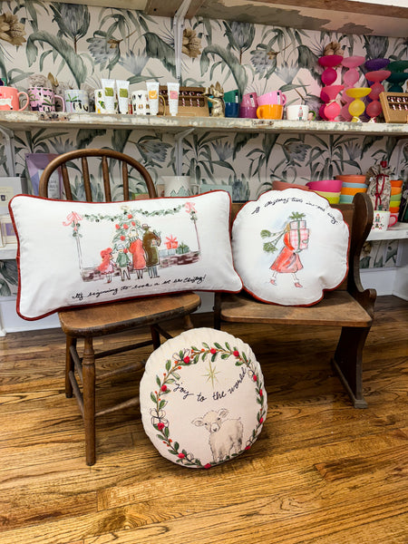 24"L x 12"H Cotton Printed Lumbar Pillow w/ Family, Piping & Velvet Back