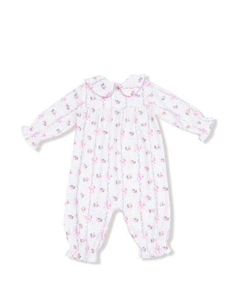 Dainty Buds And Bows Stripe - Smocked L/s Romper W/ Peter Pan Collar
