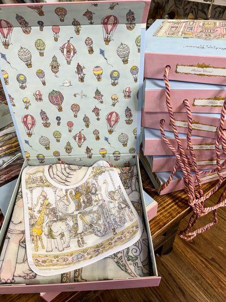 Pink Carousel Organic Cotton Swaddle & Bib with Gift Box Set