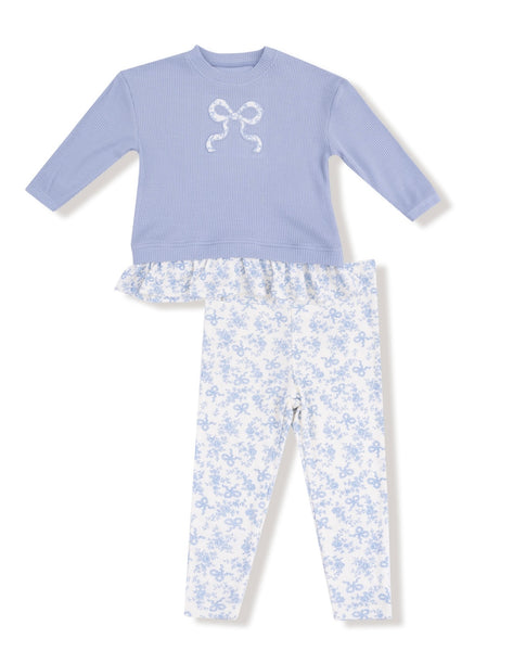 Romi Floral - Waffle Pull Over With Ruffle And Rib Bow Applique W Rib Leggings