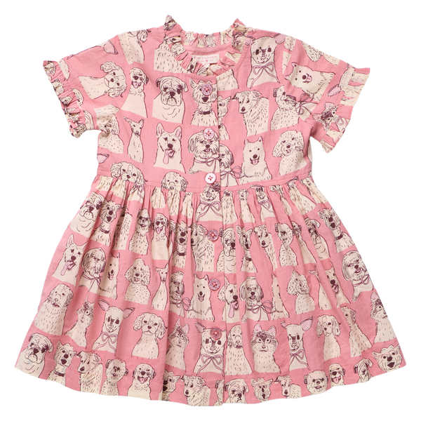 Girls Autumn Dress - Pink Sketched Dogs