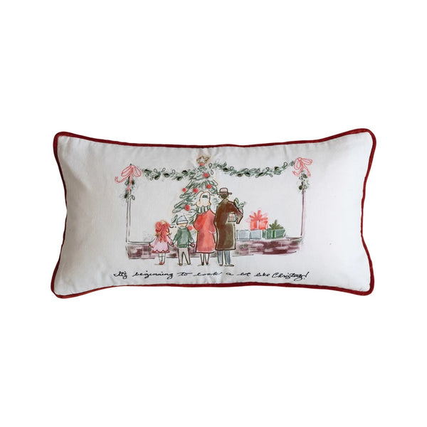 24"L x 12"H Cotton Printed Lumbar Pillow w/ Family, Piping & Velvet Back