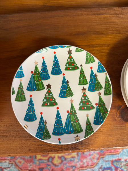 6" Round Stoneware Plate w/ Holiday Pattern/Image, Multi Color, 4 Styles
