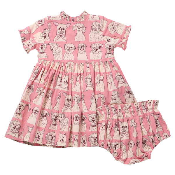 Baby Girls Autumn Dress Set - Pink Sketched Dogs