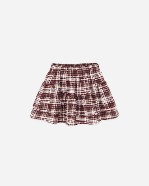 Tiered Mini Skirt || Burgundy Plaid