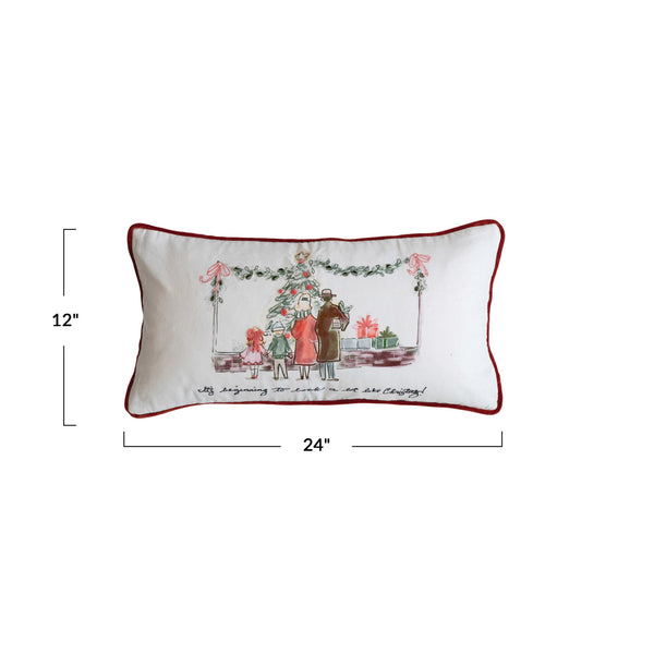 24"L x 12"H Cotton Printed Lumbar Pillow w/ Family, Piping & Velvet Back