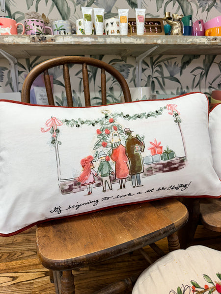 24"L x 12"H Cotton Printed Lumbar Pillow w/ Family, Piping & Velvet Back
