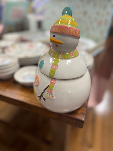 Stoneware Snowman Shaped Cookie Jar, Multi Color