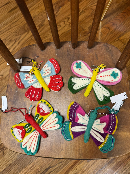 Handmade Wool Felt Butterfly Ornament w/ Stitching & Embroidery, 4 Styles