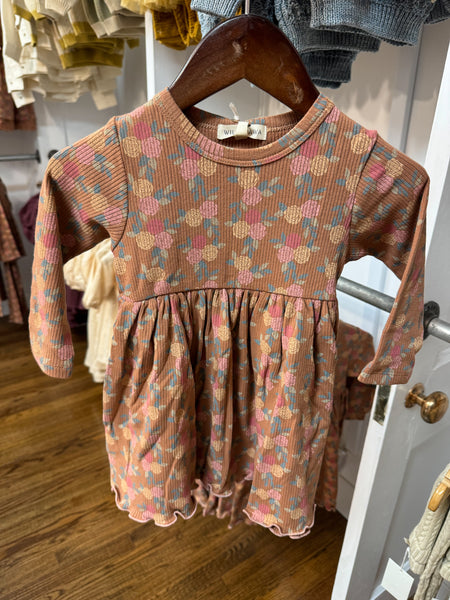 Rib Long Sleeve Dress: Caramel Roses