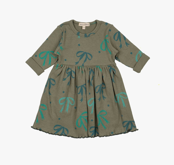 Rib Long Sleeve Dress: Green Bows