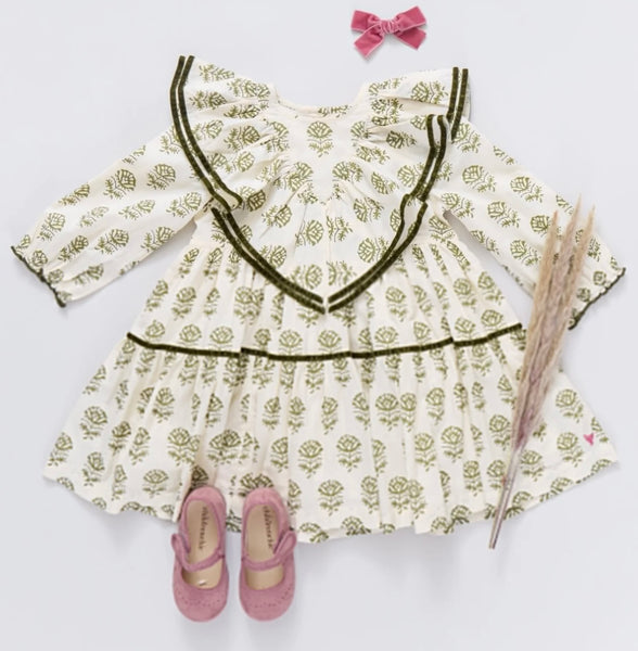 Girls Raphaela Dress Olive Rose Floral