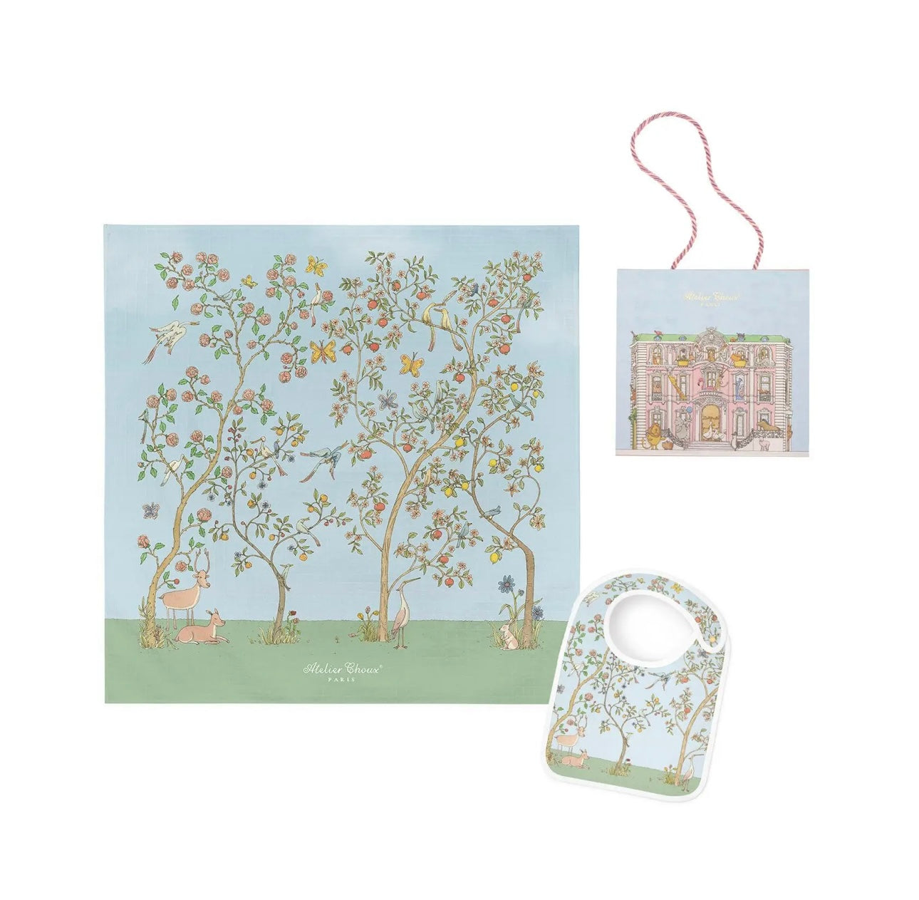 Carré & Satin Bib Set – In Bloom Blue with Gift Box Set
