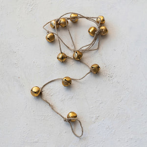 Handmade Metal Bell Garland on Jute Rope, Gold Finish