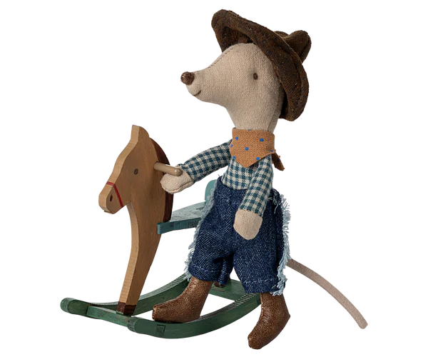 Cowboy mouse on rocking horse, Little brother