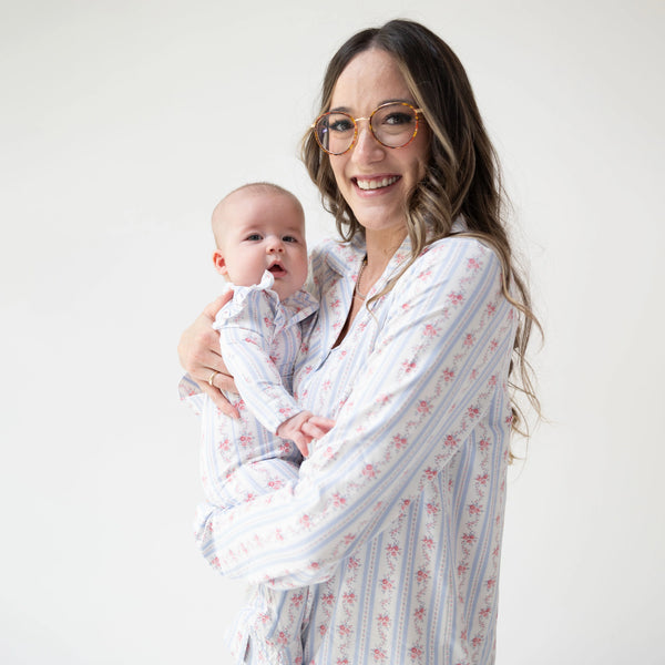 Anna Floral Stripe - Adult Long Sleeve Coat Style And Pant With Pockets