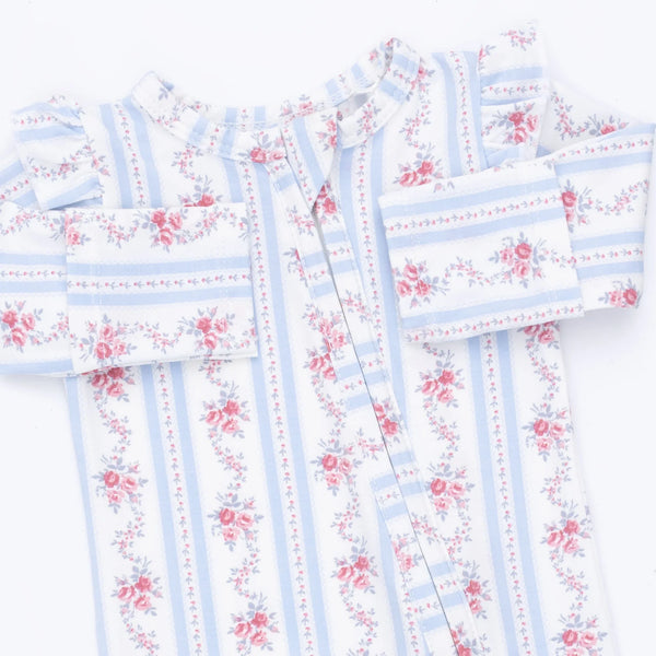 Anna Floral Stripe - 2 Way Ruffle Sleeve Zipper Footie