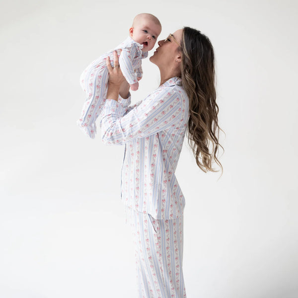 Anna Floral Stripe - Adult Long Sleeve Coat Style And Pant With Pockets