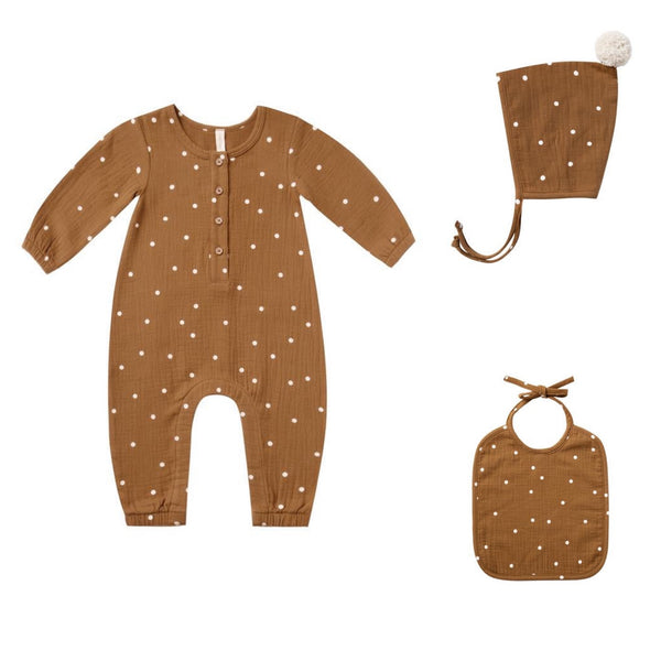 Woven Jumpsuit Walnut Bonnet and Bib Set