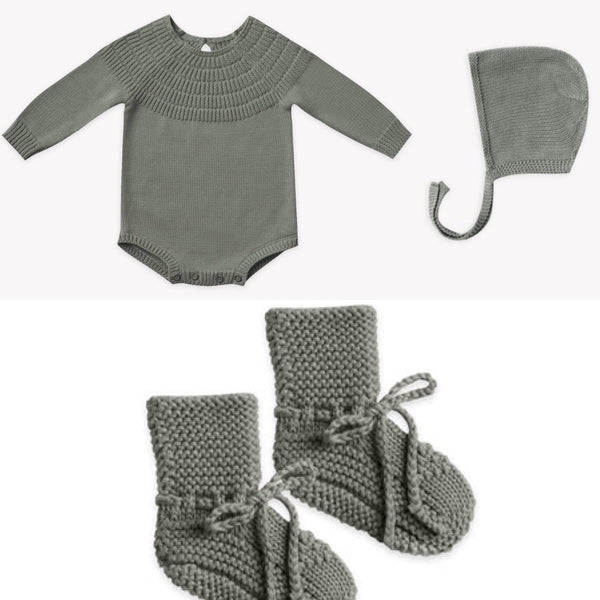 Dalia Romper Bonnet and Bootie Set- Eucalyptus