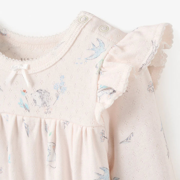 Organic Cotton Printed Pointelle Jumpsuit with Feet- Meadow Mouse
