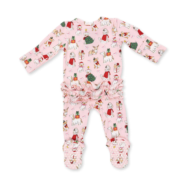 Christmas Dogs Pink - 2 Way Ruffle Sleeve Zipper Footie