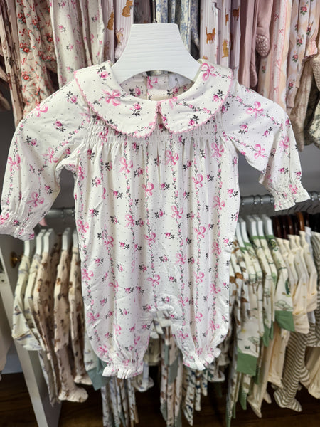 Dainty Buds And Bows Stripe - Smocked L/s Romper W/ Peter Pan Collar