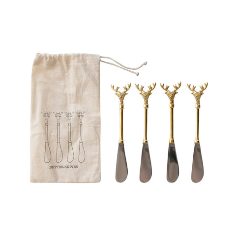 Stainless Steel and Brass Canape Knives, Set of 4