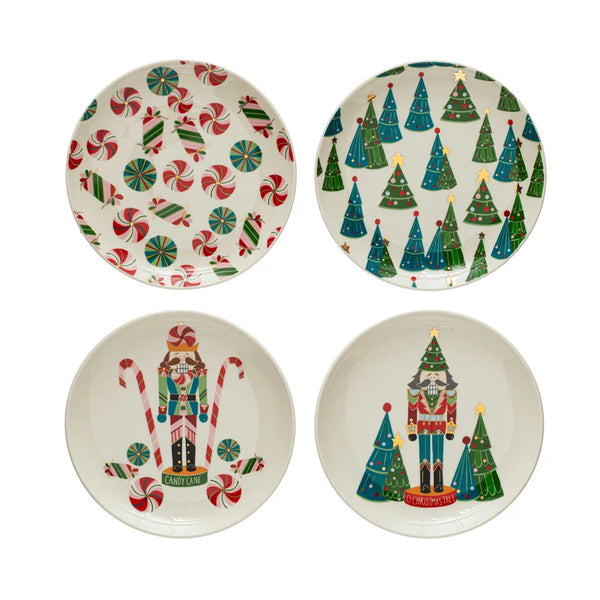 6" Round Stoneware Plate w/ Holiday Pattern/Image, Multi Color, 4 Styles