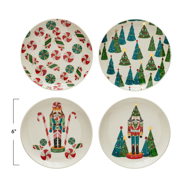 6" Round Stoneware Plate w/ Holiday Pattern/Image, Multi Color, 4 Styles