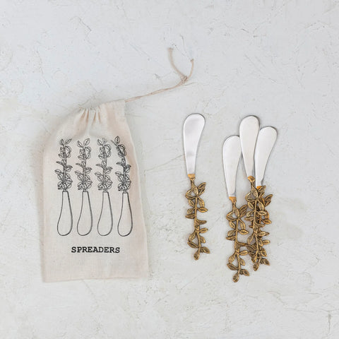 6"L Stainless Steel & Brass Canape Knives w/ Leaves Handles, Set of 4 in Drawstring Bag