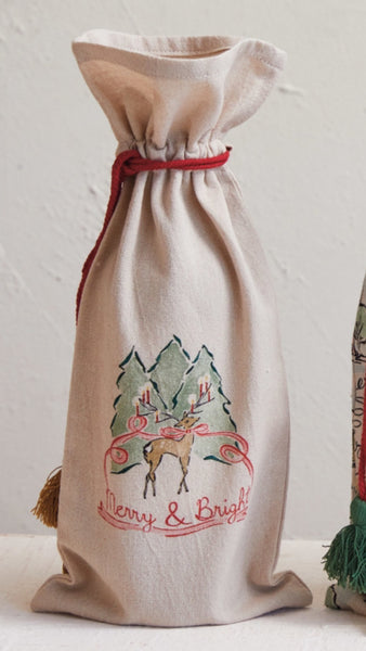 Cotton Chambray Printed Drawstring Wine Bag w/ Tassels, 4 Styles