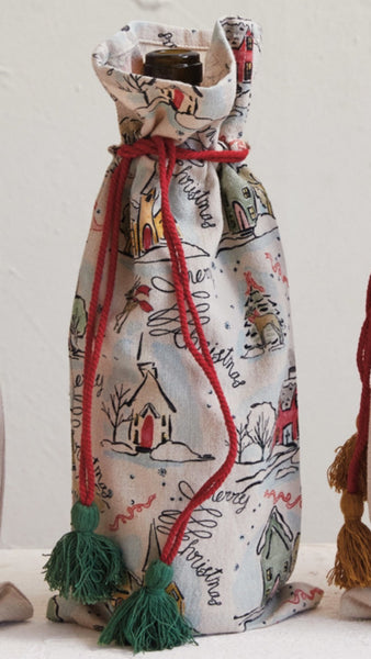 Cotton Chambray Printed Drawstring Wine Bag w/ Tassels, 4 Styles