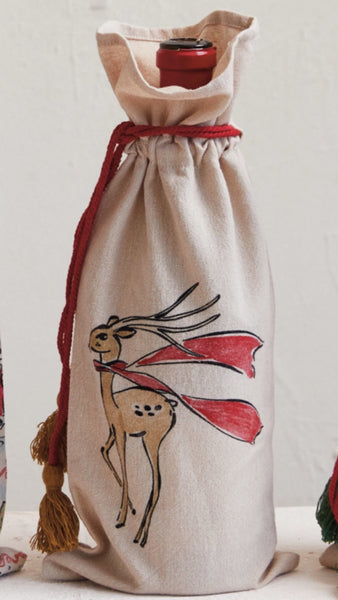 Cotton Chambray Printed Drawstring Wine Bag w/ Tassels, 4 Styles