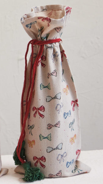 Cotton Chambray Printed Drawstring Wine Bag w/ Tassels, 4 Styles