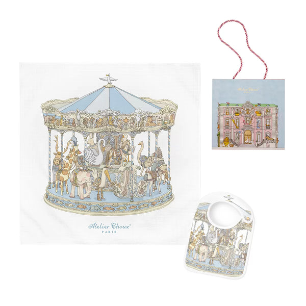 Blue Carousel Organic Cotton Swaddle & Bib with Gift Box Set