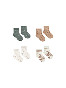 printed socks, set of 4 | cocoa stripe, stars, trees, ditsy