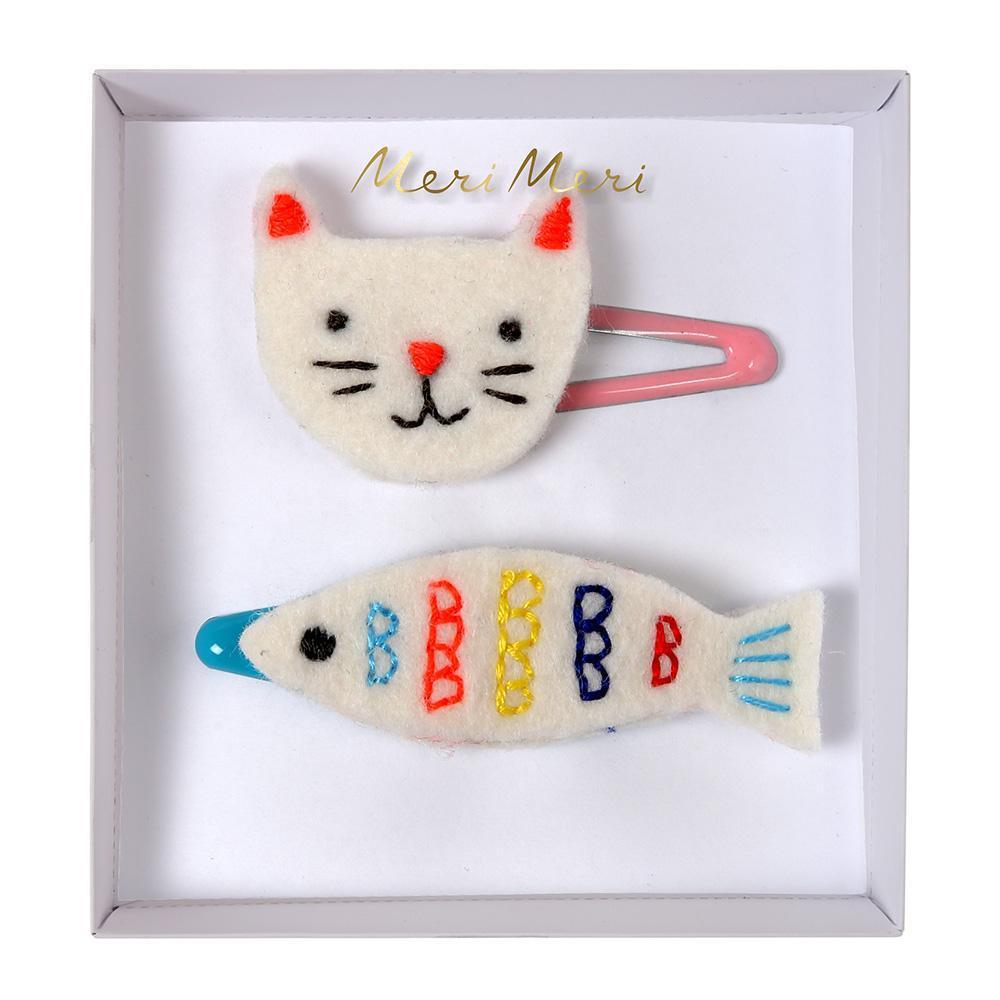 Embroidered Cat & Fish Hair Clips